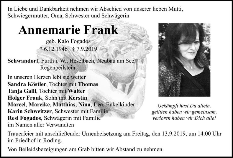 Traueranzeige Annemarie Frank