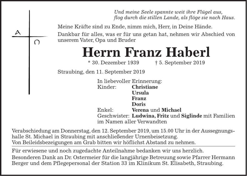 Traueranzeige Franz Haberl