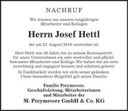 Traueranzeige Josef Hettl