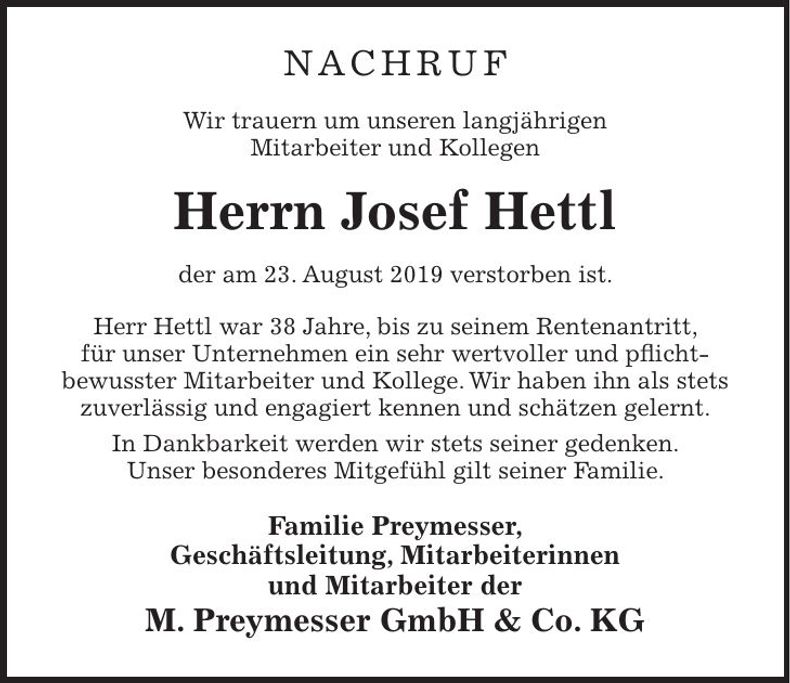 Traueranzeige Josef Hettl