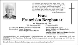 Traueranzeige Franziska Bergbauer