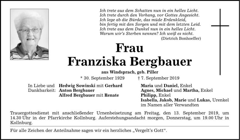 Traueranzeige Franziska Bergbauer