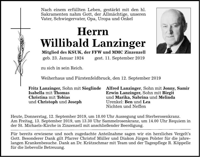Traueranzeige Willibald Lanzinger