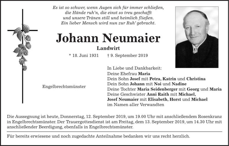 Traueranzeige Johann Neumaier