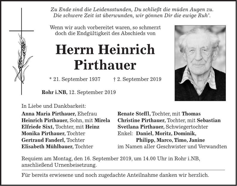 Traueranzeige Heinrich Pirthauer