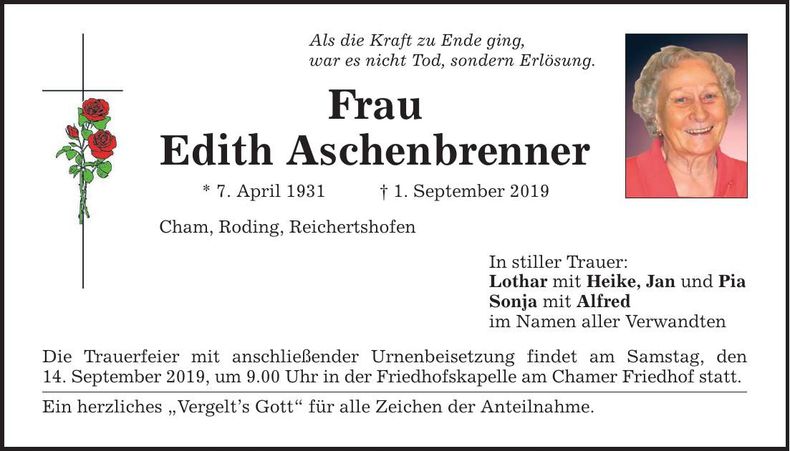 Traueranzeige Edith Aschenbrenner