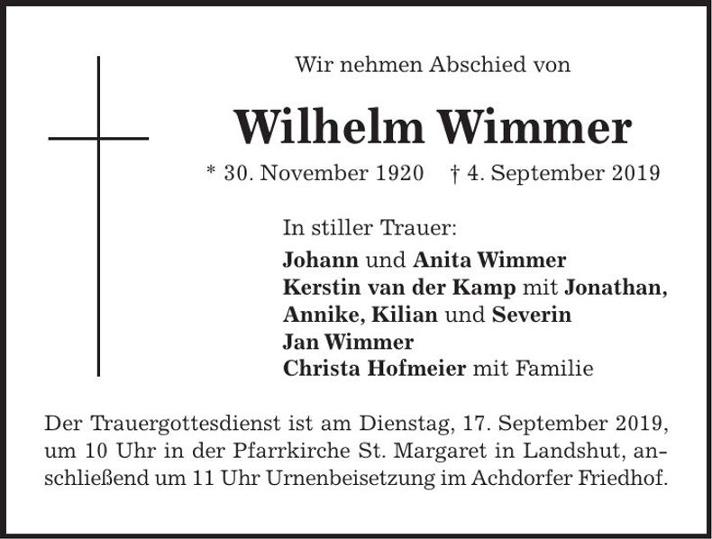Traueranzeige Wilhelm Wimmer