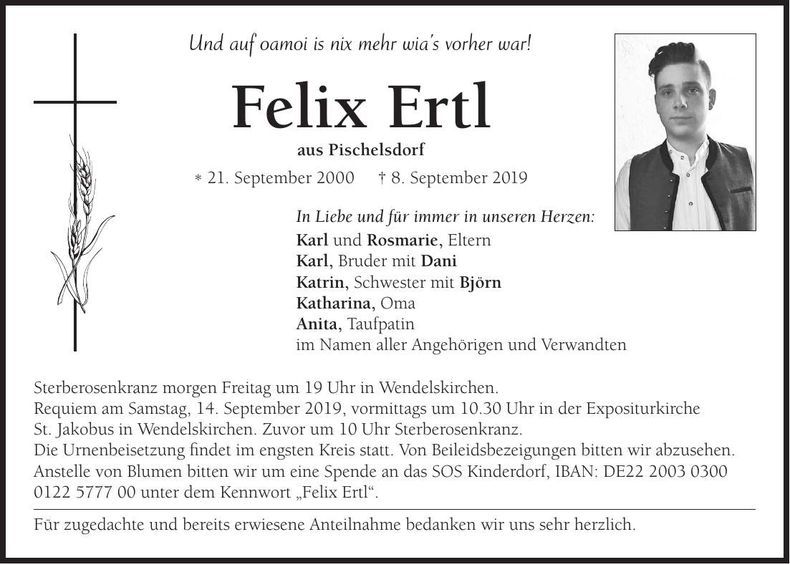 Traueranzeige Felix Ertl