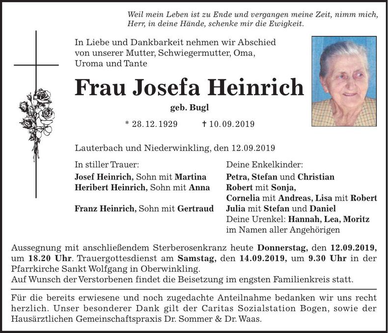 Traueranzeige Josefa Heinrich