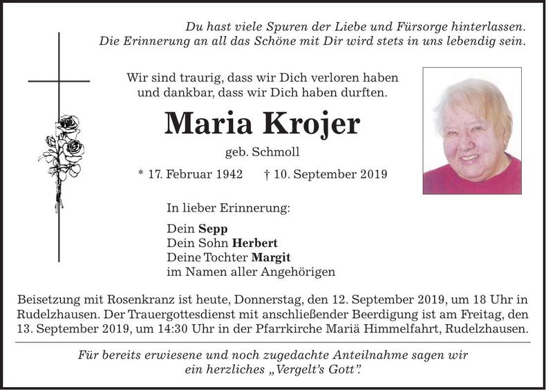 Traueranzeige Maria Krojer