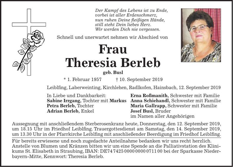 Traueranzeige Theresia Berleb