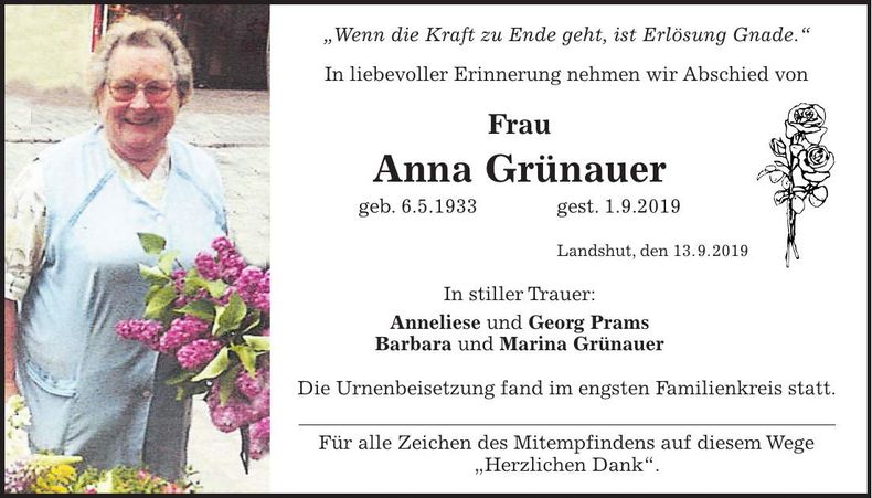 Traueranzeige Anna Grünauer