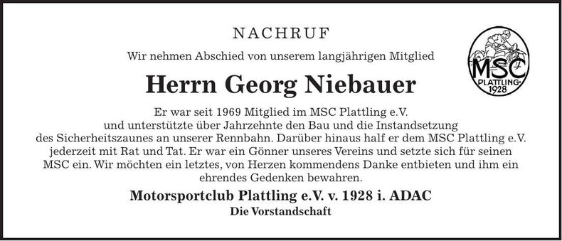 Traueranzeige Georg Niebauer