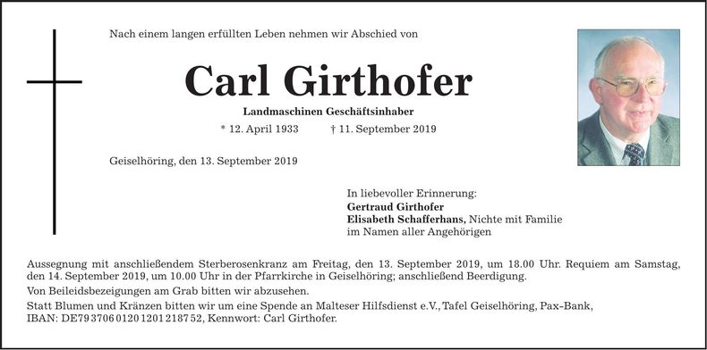 Traueranzeige Carl Girthofer