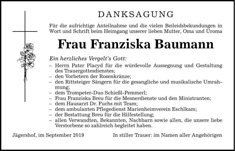 Traueranzeige Franziska Baumann