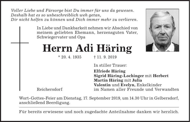 Traueranzeige Adi Häring