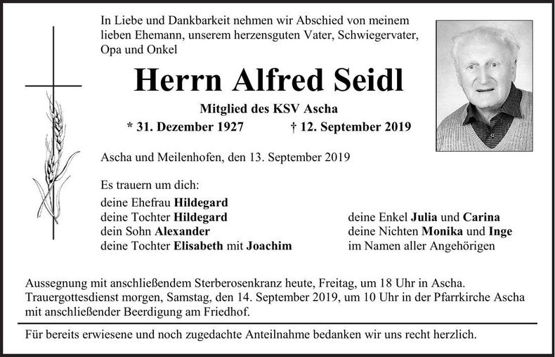 Traueranzeige Alfred Seidl