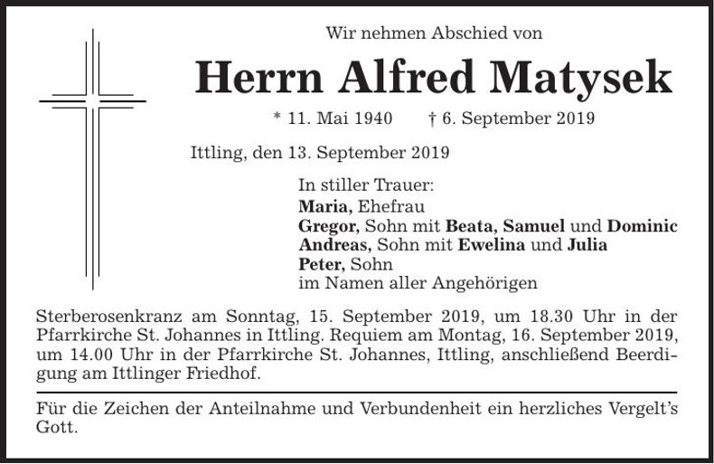 Traueranzeige Alfred Matysek