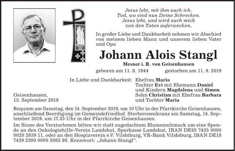 Traueranzeige Johann Stangl