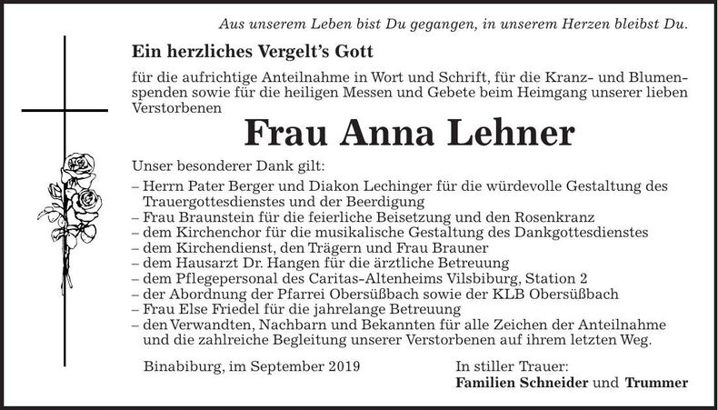 Traueranzeige Anna Lehner