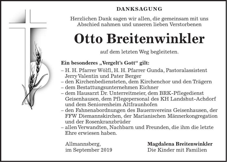 Traueranzeige Otto Breitenwinkler