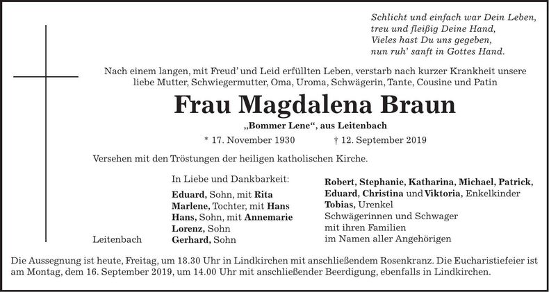 Traueranzeige Magdalena Braun