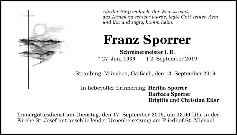 Traueranzeige Franz Sporrer