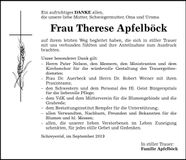Traueranzeige Therese Apfelböck