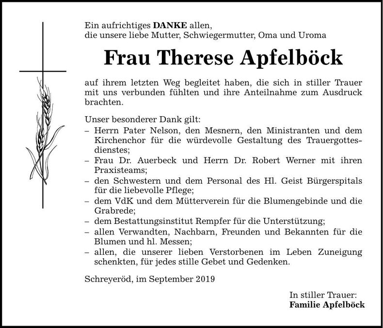 Traueranzeige Therese Apfelböck