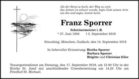 Traueranzeige Franz Sporrer