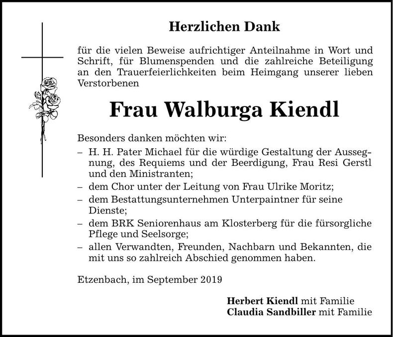 Traueranzeige Walburga Kiendl