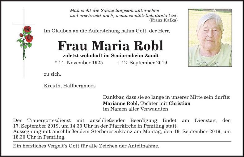 Traueranzeige Maria Robl