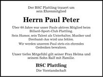 Traueranzeige Paul Peter
