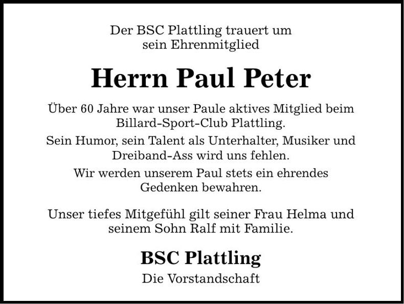 Traueranzeige Paul Peter