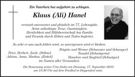 Traueranzeige Klaus Hanel