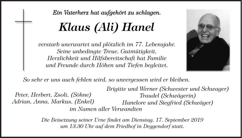 Traueranzeige Klaus Hanel