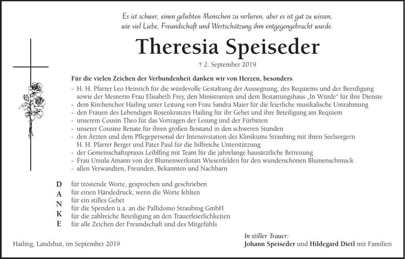 Traueranzeige Theresia Speiseder