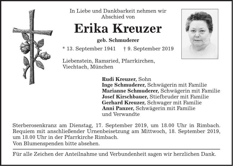 Traueranzeige Erika Kreuzer
