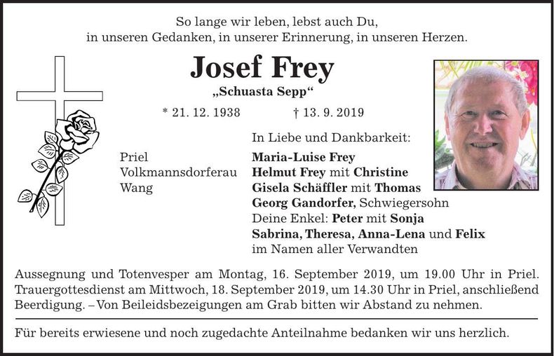 Traueranzeige Josef Frey
