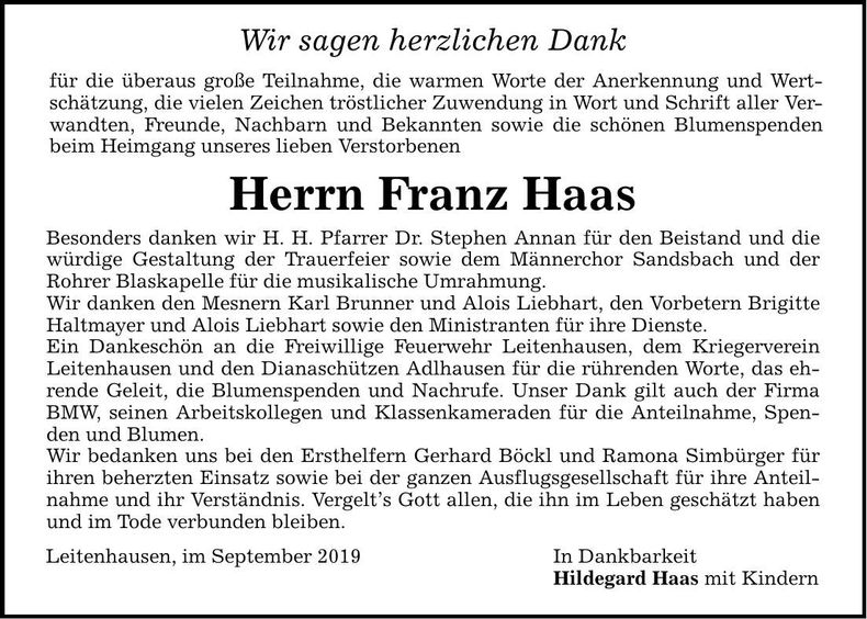 Traueranzeige Franz Haas