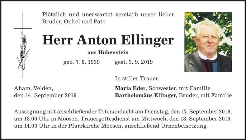 Traueranzeige Bartholomäus Ellinger