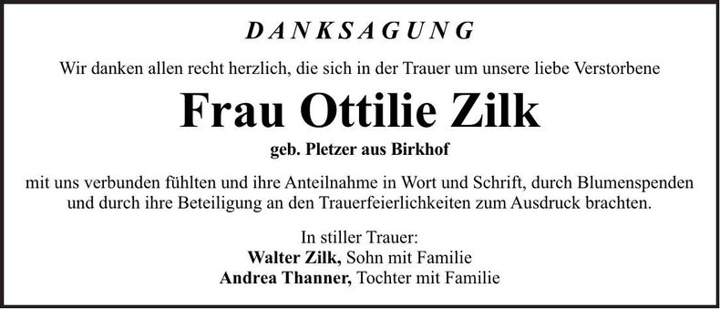 Traueranzeige Ottilie Zilk