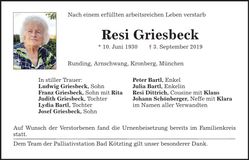 Traueranzeige Resi Griesbeck