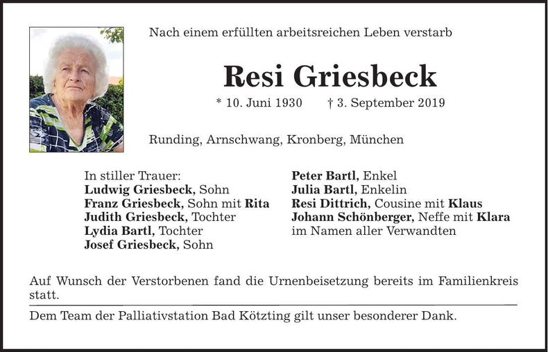 Traueranzeige Resi Griesbeck