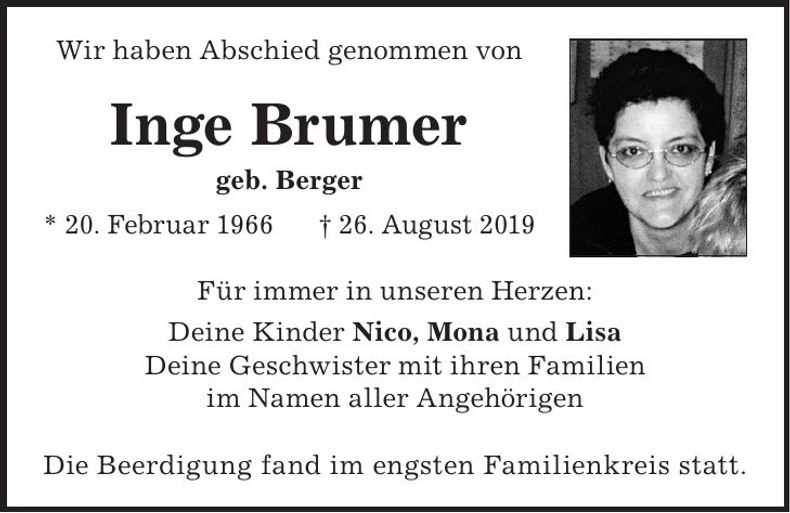 Traueranzeige Inge Brumer