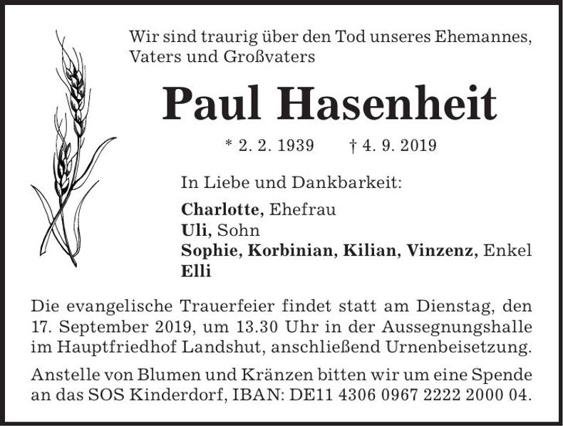 Traueranzeige Paul Hasenheit
