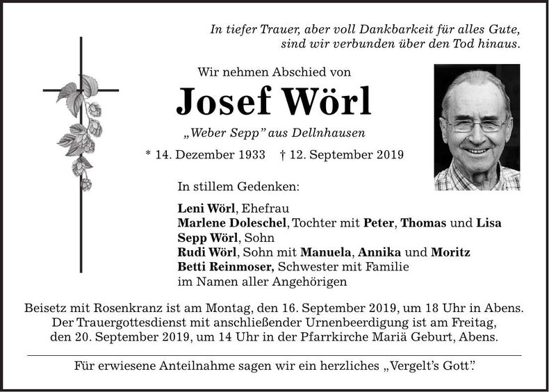 Traueranzeige Josef Wörl