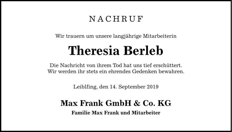 Traueranzeige Theresia Berleb
