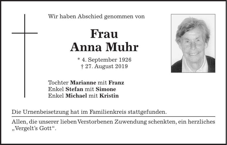 Traueranzeige Anna Muhr