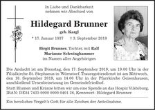 Traueranzeige Hildegard Brunner